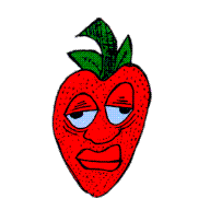 Red strawberry face with green leaves and half-closed eyes, drawn by Nick