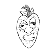 Black line drawing of a smiling strawberry with half-closed eyes and a hatched stem