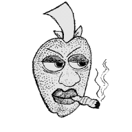 Gray strawberry face with raised eyebrows, smoking with curling smoke