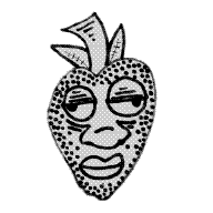 Bold black strawberry face with dotted seeds on lined paper
