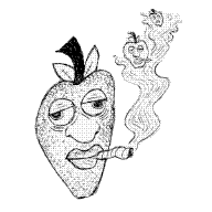 Strawberry face smoking, with two smaller faces floating in curling smoke