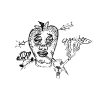 Strawberry character with an arrow, a smoking pipe, and a small animal at its shoulder