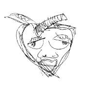 Loose line drawing of a strawberry face with a long striped stem