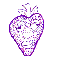 Purple and pink strawberry face with dotted seeds and half-closed eyes