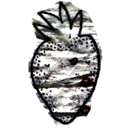 Bold strawberry face over a textured field of gray and brown scribbled strokes