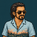Pixel portrait of Nick, with swept-back hair, sunglasses and a pale blue shirt